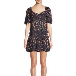 Betsey Johnson Black Polka Dot & Rose Print Mini Dress Size S | Cottagecore